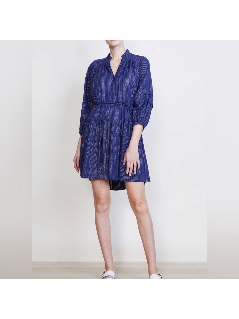 Apiece apart Laguna dress navy blue with silver lurex stripes size small